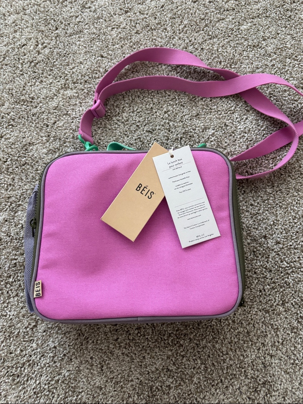 BEIS Hot Pink Kids lunchbox Bag with Green Accent